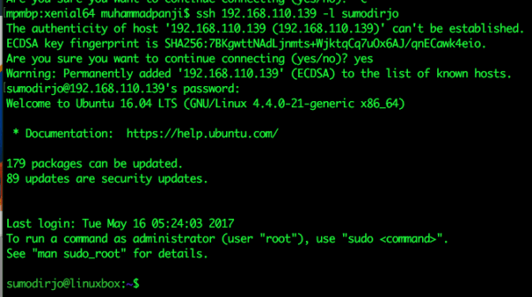 Login Ubuntu Server 16.04 via SSH